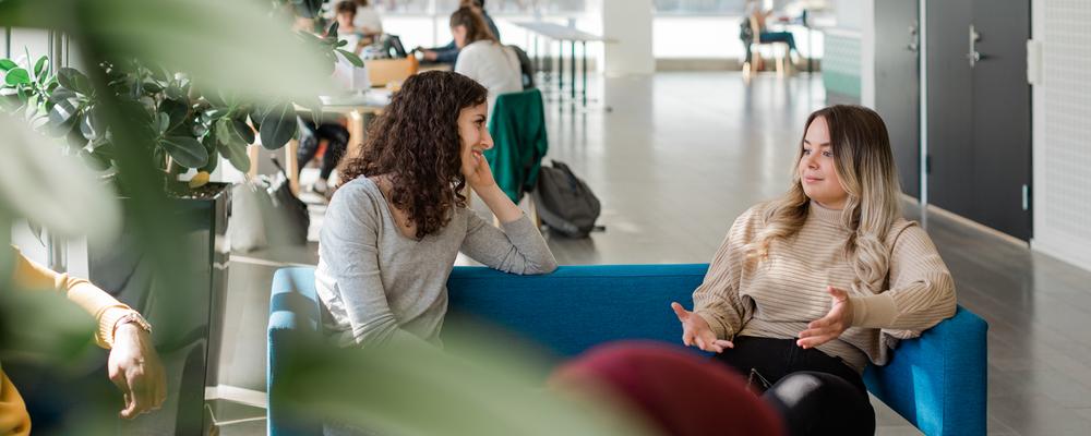 Two students sits in a sofa at "Pedagogen" and talks