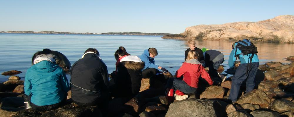 Gymnasieelever på en klapperstensstrand med spegelblankt hav bakom