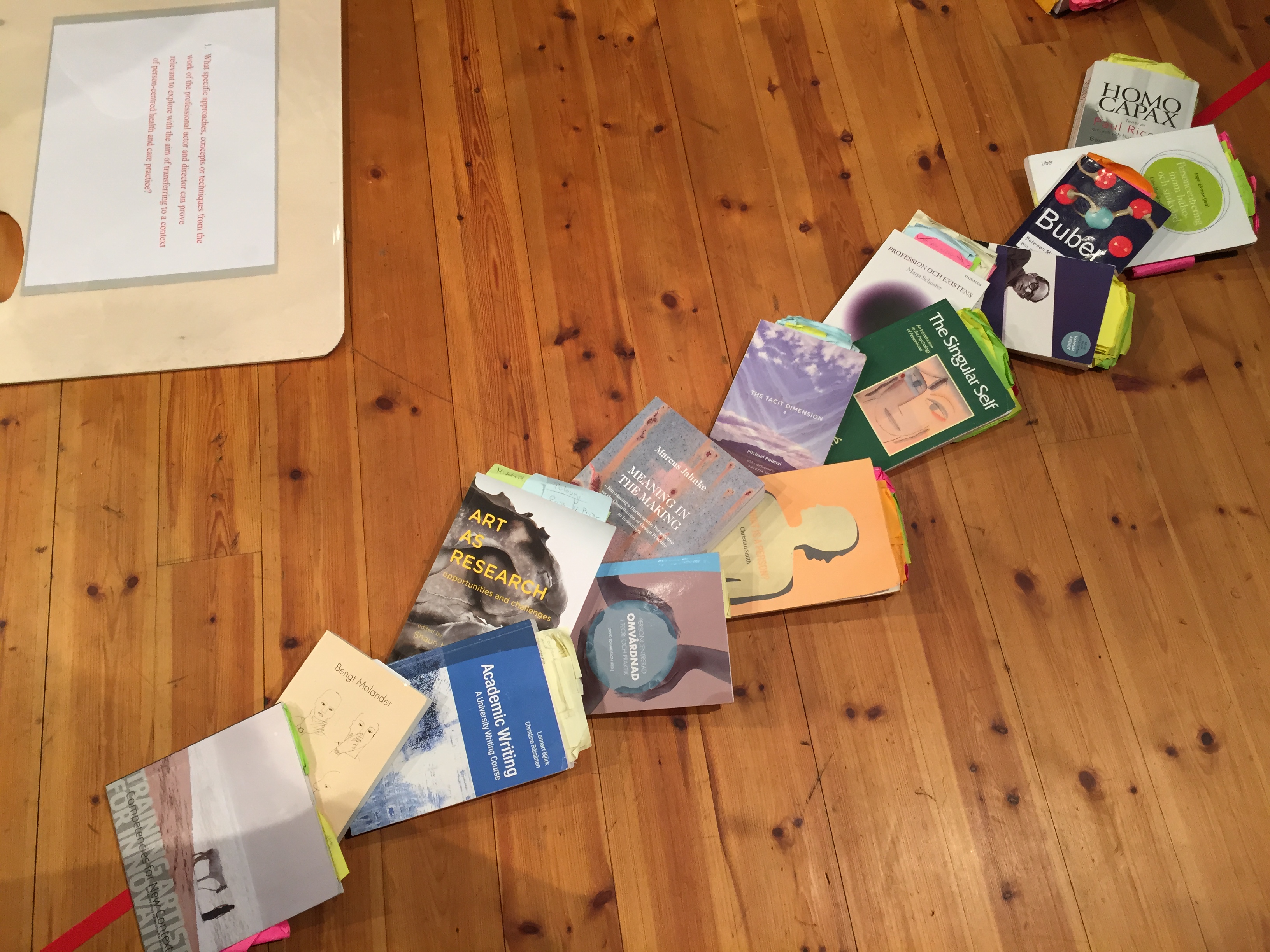 A trail of books on the floor at the seminar