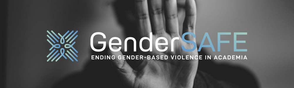 Kvinna håller upp handen för att visa stopp och framför syns GenderSAFEs logotyp.