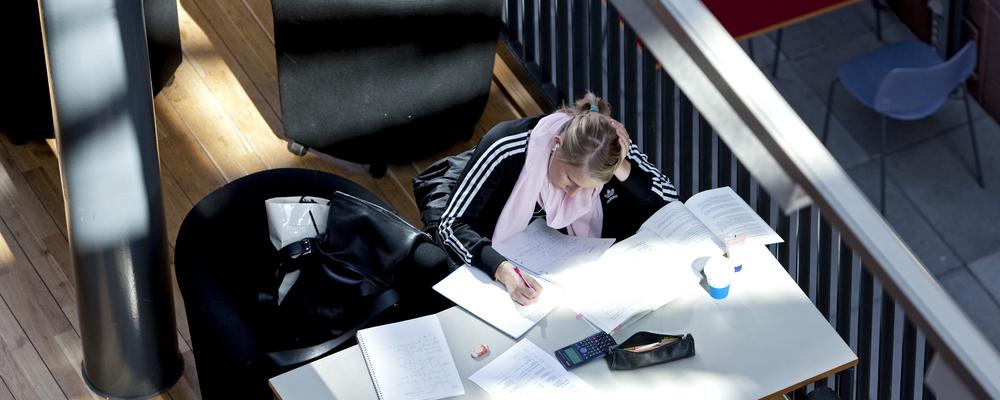 student sitter vid bord och pluggar