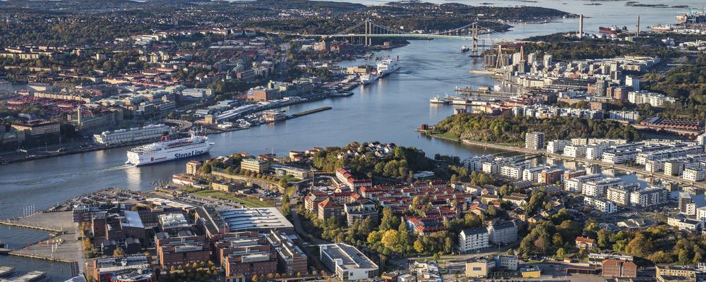 Aerial view of Gothenburg's harbor inlet and Göta River.