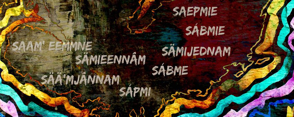 Ordet sapmi står skrivet på olika språk på en målad träliknande bakgrund med rosa, orange och blåa vågor nedanför.