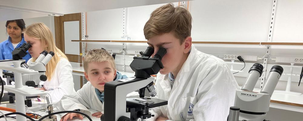 Tre barn är i en laborationssal och tittar i mikroskop.