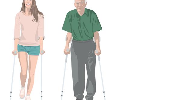 En ung kvinna och en äldre man, som båda går med kryckor.