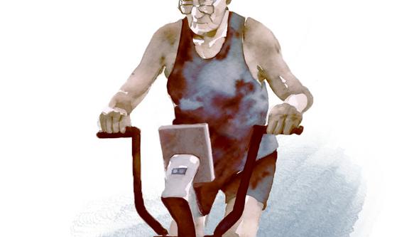 Tecknad äldre person på träningscykel