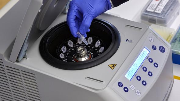 Hand in a blue glove placing a small sample tube in an electric centrifuge.