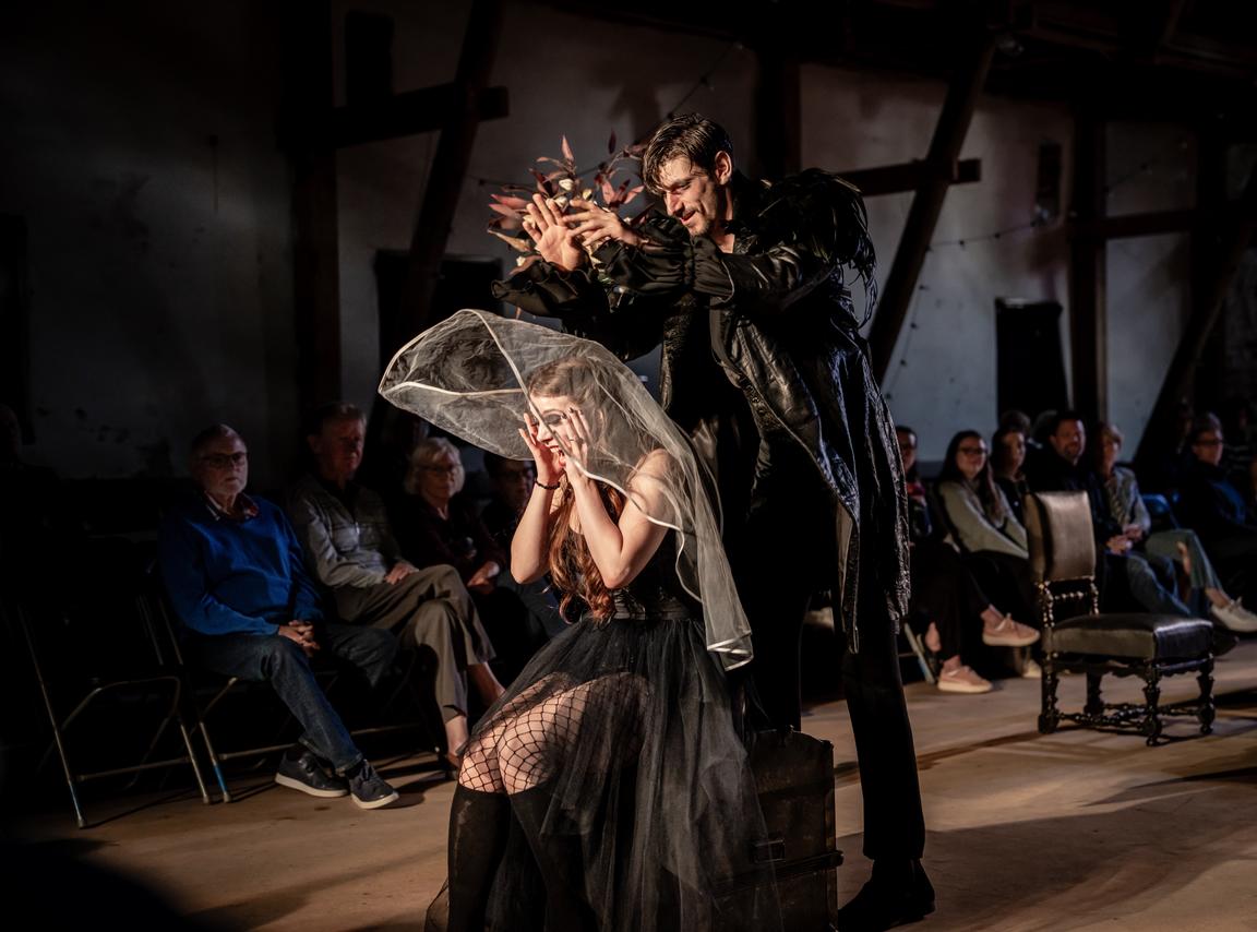 Linnéa Sjösvärd in Lucia di Lammermoor on stage with co-stars and audience in the background.